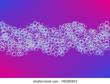 Cleaning foam on gradient background. Realistic water bubbles 3d. Cool rainbow colored liquid foam with shampoo bubbles. Horizontal cosmetic flyer and invite. Cleaning soap foam for bath and shower.
