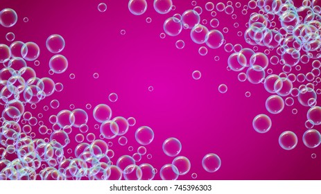 Cleaning foam on gradient background. Realistic water bubbles 3d. Cool rainbow colored liquid foam with shampoo bubbles. Cosmetic flyer and invite. Cleaning soap foam for bath and shower.