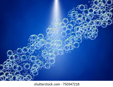 Cleaning foam on gradient background. Realistic water bubbles 3d. Cool rainbow colored liquid foam with shampoo bubbles. Horizontal cosmetic flyer and invite. Cleaning soap foam for bath and shower.