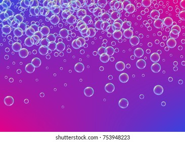 Cleaning foam on gradient background. Realistic water bubbles 3d. Cool rainbow colored liquid foam with shampoo bubbles. Horizontal cosmetic flyer and invite. Cleaning soap foam for bath and shower.