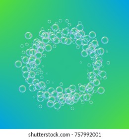Cleaning foam on gradient background. Realistic water bubbles 3d. Cool rainbow colored liquid foam with shampoo bubbles. Cosmetic flyer and invite. Cleaning soap for bath and shower.