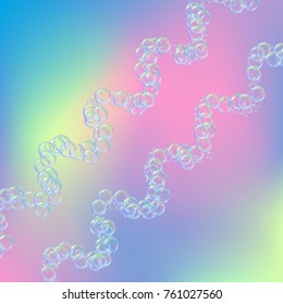 Cleaning foam on gradient background. Realistic water bubbles 3d. Cool rainbow colored liquid foam with shampoo bubbles. Cosmetic flyer and invite. Cleaning soap for bath and shower.