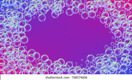 Cleaning foam on gradient background. Realistic water bubbles 3d. Cool rainbow colored liquid foam with shampoo bubbles. Cosmetic flyer and invite. Cleaning soap foam for bath and shower.