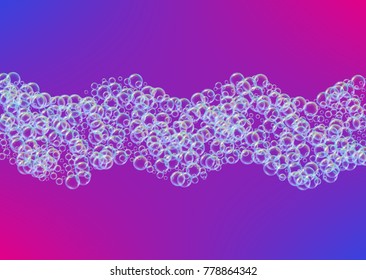 Cleaning foam on gradient background. Realistic water bubbles 3d. Cool rainbow colored liquid foam with shampoo bubbles. Horizontal cosmetic flyer and invite. Cleaning soap foam for bath and shower.
