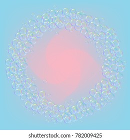 Cleaning foam on gradient background. Realistic water bubbles 3d. Cool rainbow colored liquid foam with shampoo bubbles. Cosmetic flyer and invite. Cleaning soap for bath and shower.