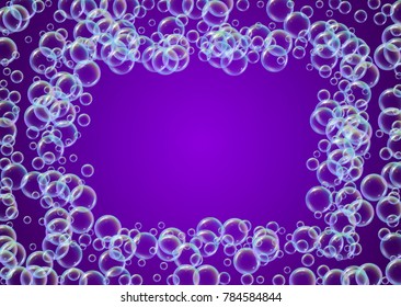 Cleaning foam on gradient background. Realistic water bubbles 3d. Cool rainbow colored liquid foam with shampoo bubbles. Horizontal cosmetic flyer and invite. Cleaning soap foam for bath and shower.