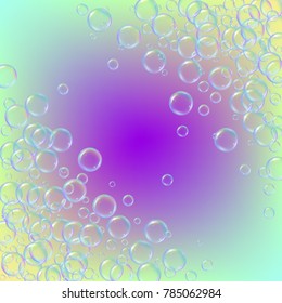 Cleaning foam on gradient background. Realistic water bubbles 3d. Cool rainbow colored liquid foam with shampoo bubbles. Cosmetic flyer and invite. Cleaning soap for bath and shower.