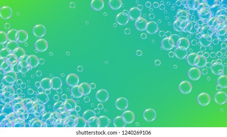 Cleaning foam. Soap bubble. Detergent suds for bath. Shampoo. 3d vector illustration invite. Bright spray and splash. Realistic water frame and border. Green colorful liquid cleaning foam.
