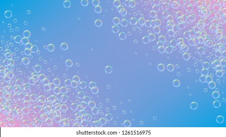 Cleaning foam. Soap bubble. Detergent suds for bath. Shampoo. 3d vector illustration flyer. Vibrant spray and splash. Realistic water frame and border. Purple colorful liquid cleaning foam.