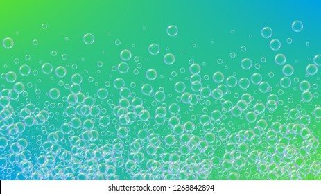 Cleaning foam. Soap bubble. Detergent suds for bath. Shampoo. Multicolor spray and splash. Realistic water frame and border. 3d vector illustration invite. Green colorful liquid cleaning foam.