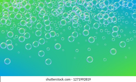 Cleaning foam. Soap bubble. Detergent suds for bath. Shampoo. 3d vector illustration banner. Trendy spray and splash. Realistic water frame and border. Green colorful liquid cleaning foam.