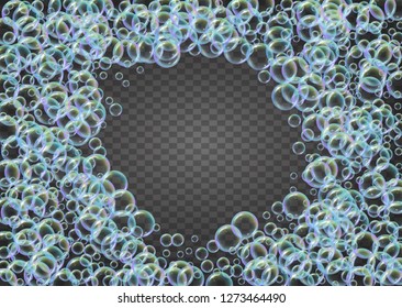 Cleaning foam. Soap bubble. Detergent suds for bath. Shampoo. Trendy spray and splash. Realistic water frame and border. 3d vector illustration template. Isolated colorful liquid cleaning foam.