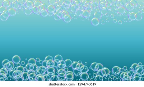 Cleaning foam. Soap bubble. Detergent suds for bath. Shampoo. 3d vector illustration poster. Trendy spray and splash. Realistic water frame and border. Blue colorful liquid cleaning foam.