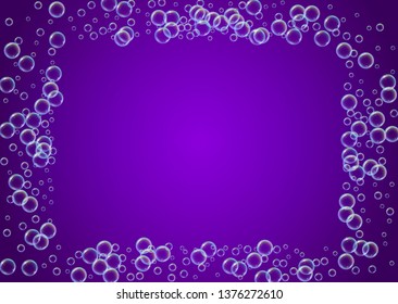Cleaning foam. Soap bubble. Detergent suds for bath. Shampoo. 3d vector illustration concept. Bright spray and splash. Realistic water frame and border. Purple colorful liquid cleaning foam.