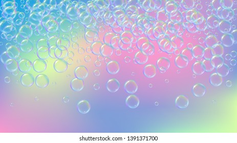 Espuma de limpieza. Burbuja de jabón. Espuma de detergente para baño. Champú. Spray multicolor y salpicaduras. Marco de agua realista y borde. Anuncio de Ilustración vectorial 3D. Espuma de limpieza líquida colorida del arco iris.