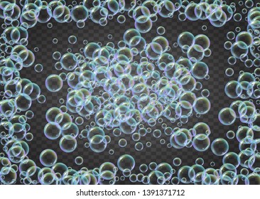 Cleaning foam. Soap bubble. Detergent suds for bath. Shampoo. 3d vector illustration invite. Stylish spray and splash. Realistic water frame and border. Isolated colorful liquid cleaning foam.