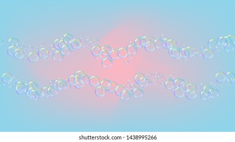 Cleaning foam. Soap bubble. Detergent suds for bath. Shampoo. Stylish spray and splash. Realistic water frame and border. 3d vector illustration template. Purple colorful liquid cleaning foam.
