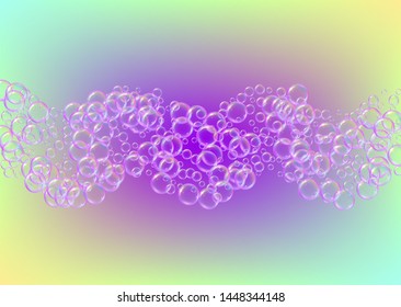 Cleaning foam. Soap bubble. Detergent suds for bath. Shampoo. Vibrant spray and splash. Realistic water frame and border. 3d vector illustration template. Rainbow colorful liquid cleaning foam.