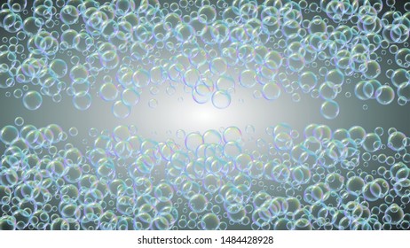 Cleaning foam. Soap bubble. Detergent suds for bath. Shampoo. 3d vector illustration template. Bright spray and splash. Realistic water frame and border. Grey colorful liquid cleaning foam.