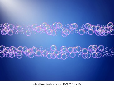 Cleaning foam. Soap bubble. Detergent suds for bath. Shampoo. 3d vector illustration design. Creative spray and splash. Realistic water frame and border. Blue colorful liquid cleaning foam.