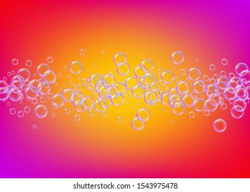 Cleaning foam. Soap bubble. Detergent suds for bath. Shampoo. Vibrant spray and splash. Realistic water frame and border. 3d vector illustration poster. Rainbow colorful liquid cleaning foam.