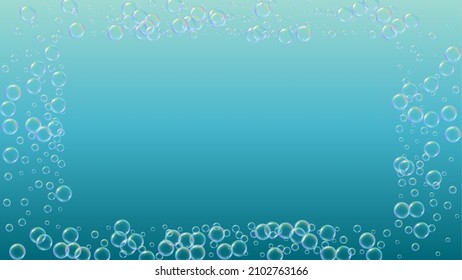 Cleaning foam. Soap bubble. Detergent suds for bath. Shampoo. Blue fizz and splash. Realistic water frame and border. Aqua 3d vector illustration poster. colorful liquid cleaning foam.