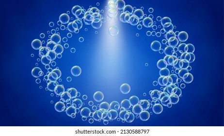 Cleaning foam. Soap bubble. Detergent suds for bath. Shampoo. Rainbow fizz and splash. Realistic water frame and border. Aqua 3d vector illustration design. colorful liquid cleaning foam.