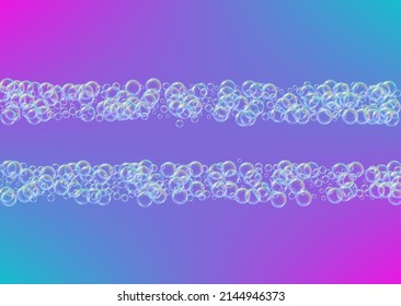 Cleaning foam. Soap bubble. Detergent suds for bath. Shampoo. 3d vector illustration layout. Blue fizz and splash. Realistic water frame and border. Rainbow colorful liquid cleaning foam.