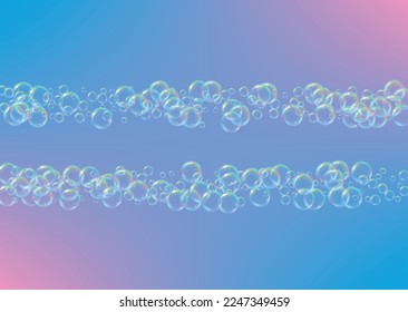 Cleaning foam. Soap bubble. Detergent suds for bath. Shampoo. 3d vector illustration invite. Minimal spray and splash. Realistic water frame and border. Rainbow colorful liquid cleaning foam.