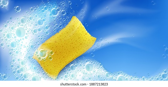 Cleaning foam with yellow sponge and bubbles on blue background with white stains, froth, foamy texture, liquid soap or shampoo lather. Laundry detergent spume realistic 3d vector illustration, banner
