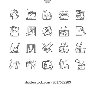 Cleaning. Furniture cleaning. Wash dishes. Cleaning worker. Carpet cleaning. Pixel Perfect Vector Thin Line Icons. Simple Minimal Pictogram