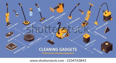 Cleaning gadgets isometric infographics representing modern professional cleaning equipment for indoor and outdoor work 3d vector illustration