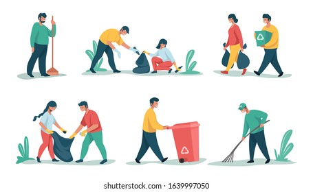 Cleaning Garbage. Cartoon Characters Sorting And Recycling Waste And Trash, Collecting Rubbish. Vector People Picking Up Litter, Nature Outdoors Cleaning For Separation And Recycled
