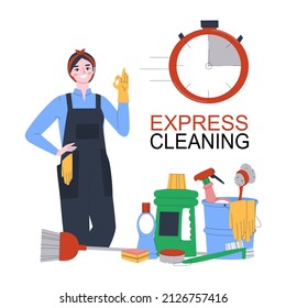 Cleaning girl shows like. Express cleaning service. Cleanliness and order service with home and office visits. Flat vector illustration. Eps10