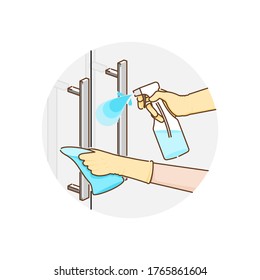 Cleaning the glass door handle with alcohol spray and fabric for prevent infection of Covid-19 virus. Vector illustration