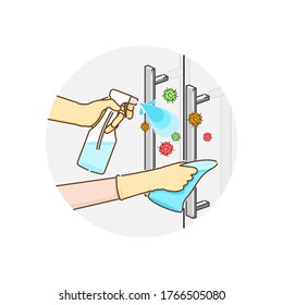 Cleaning The Glass Door Handle That Has Dirty With Disinfectant Solution Spray And Fabric For Prevent Infection Of Covid-19 Virus. Vector Illustration