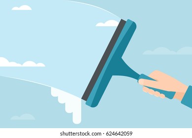 Cleaning glass with a squeegee. vector illustration