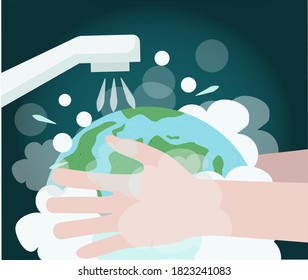 Wenn man den Globus mit Wasser und Seife reinigt, kümmern sich die Menschen um unseren Planeten.  Das Konzept der Pflege für die Umwelt, Umweltschutz, Ökosystem, Vektorgrafik.