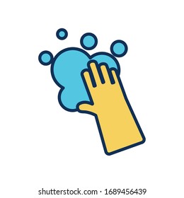 Cleaning Glove And Soapy Water Icon Over White Background, Line Fill Style, Disinfection And Cleaning Elements, Vector Illustration