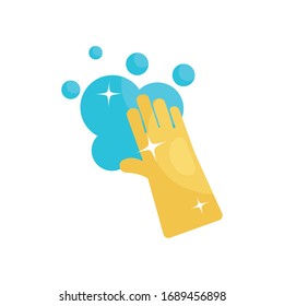 cleaning glove and soapy water icon over white background, flat style, disinfection and cleaning elements, vector illustration