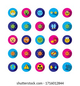 cleaning gloves and emojis coronavirus icon set over white background, block style, vector illustration