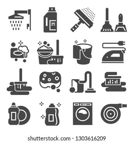 Cleaning gray icons set. Laundry, Sponge and Vacuum cleaner signs. Washing machine. Vector illustrations