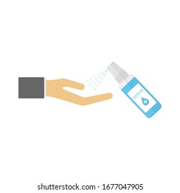 limpiando una mano con spray de alcohol. icono de diseño plano, ilustración, Vector, aislado en fondo blanco