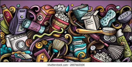 Cartel de doodle dibujado a mano. Volante detallado del vector de dibujos. Ilustración con objetos y símbolos de limpieza. Fondo horizontal colorido