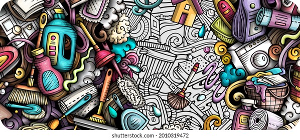 Cleaning hand drawn doodle banner. Cartoon vector detailed flyer. Illustration with cleanup objects and symbols. Colorful horizontal background