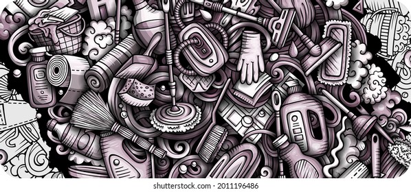 Reinigen Sie handgezeichnete Doodle-Banner. Cartoon Vektordetaillierter Flyer. Illustration mit dem Reinigen von Objekten und Symbolen. Grafiken, horizontaler Hintergrund