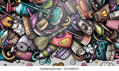 Cleaning hand drawn doodle banner. Cartoon vector detailed flyer. Illustration with cleanup objects and symbols. Colorful horizontal background