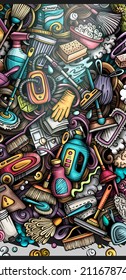 Cleaning hand drawn doodle banner. Cartoon vector detailed flyer. Illustration with cleanup objects and symbols. Colorful horizontal background