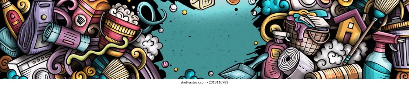 Cleaning hand drawn doodle banner. Cartoon vector detailed flyer. Illustration with cleanup objects and symbols. Colorful horizontal background