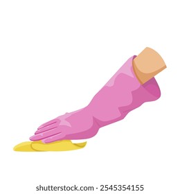 Cleaning hand with pink glove and yellow cloth. Vector illustration